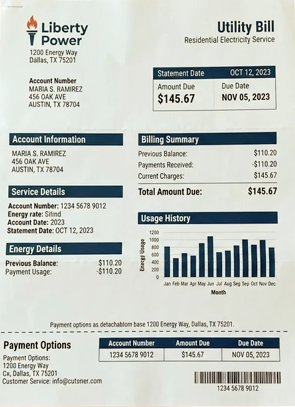 Sample US utility bill from Liberty Power, fictional data